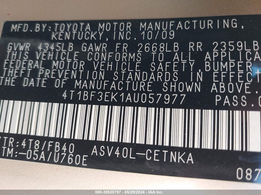 2010 Toyota Camry Le VIN: 4T1BF3EK1AU057977 Lot: 39520797