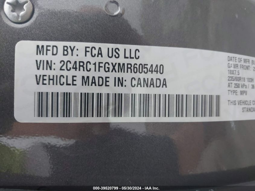 2021 Chrysler Pacifica Touring VIN: 2C4RC1FGXMR605440 Lot: 39520799