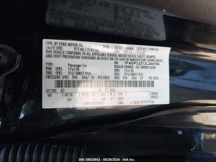 2018 Ford Focus Titanium VIN: 1FADP3J21JL244194 Lot: 39520802