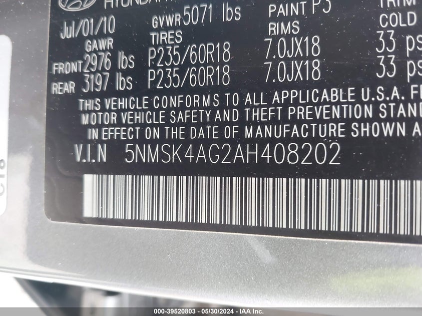 2010 Hyundai Santa Fe Limited V6 VIN: 5NMSK4AG2AH408202 Lot: 39520803