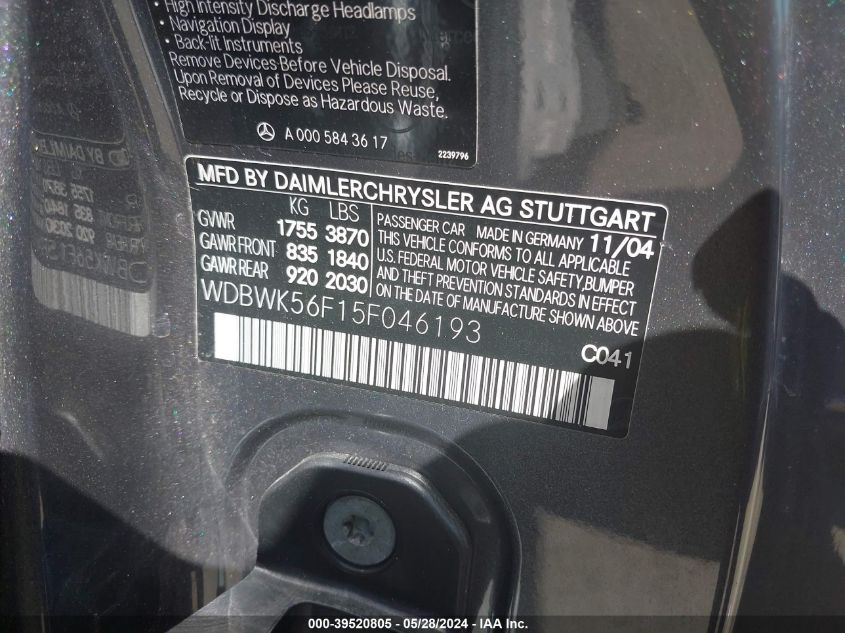 2005 Mercedes-Benz Slk 350 VIN: WDBWK56F15F046193 Lot: 39520805