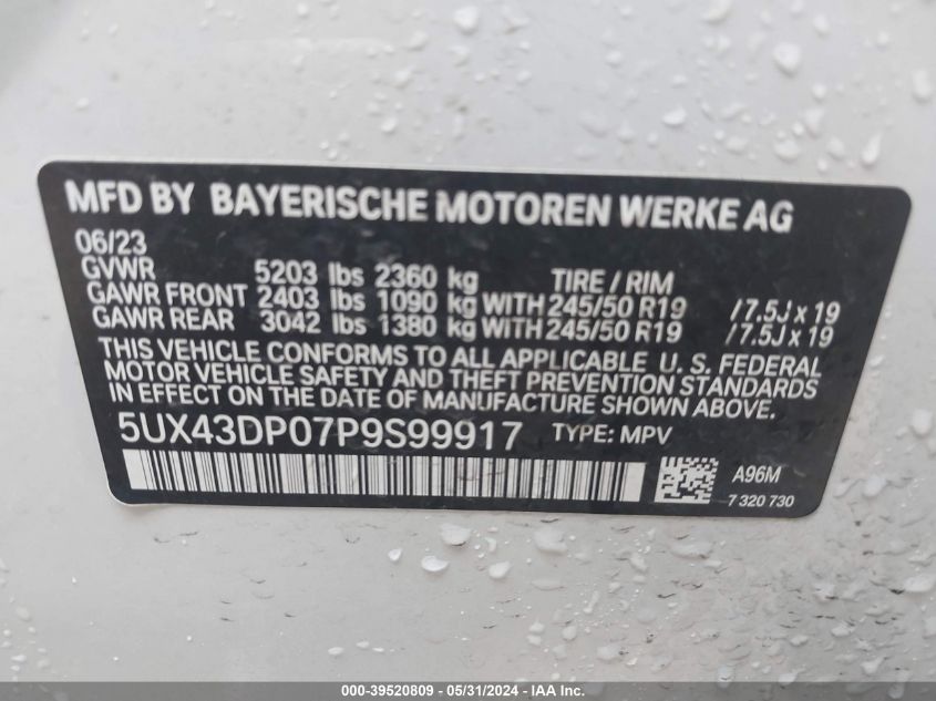 2023 BMW X3 Sdrive30I VIN: 5UX43DP07P9S99917 Lot: 39520809