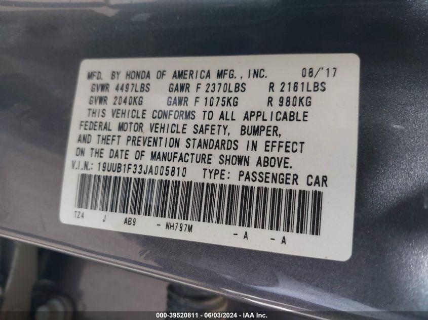 2018 Acura Tlx VIN: 19UUB1F33JA005810 Lot: 39520811