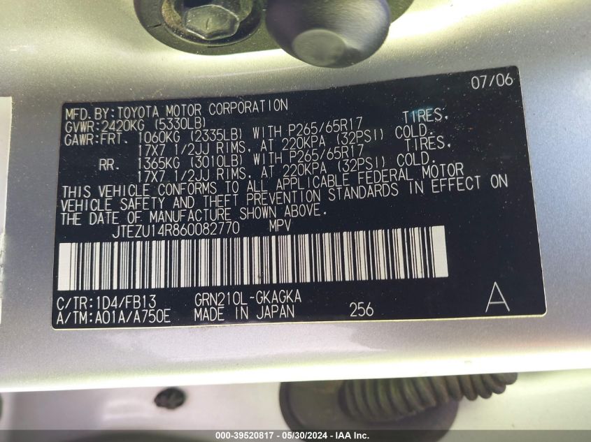 2006 Toyota 4Runner Sr5 Sport V6 VIN: JTEZU14R860082770 Lot: 39520817