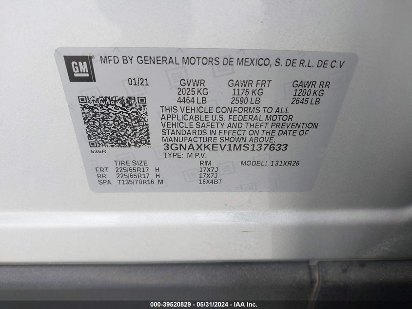 2021 Chevrolet Equinox Fwd Lt VIN: 3GNAXKEV1MS137633 Lot: 39520829