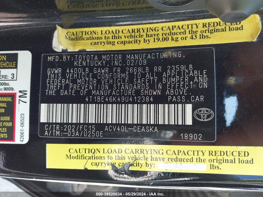 2009 Toyota Camry Se VIN: 4T1BE46K49U412384 Lot: 39520834