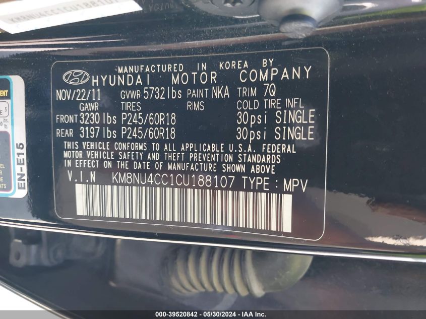 2012 Hyundai Veracruz Limited VIN: KM8NU4CC1CU188107 Lot: 39520842