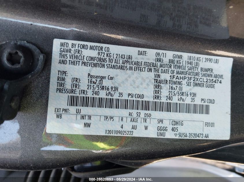 2012 Ford Focus Se VIN: 1FAHP3F2XCL235474 Lot: 39520853