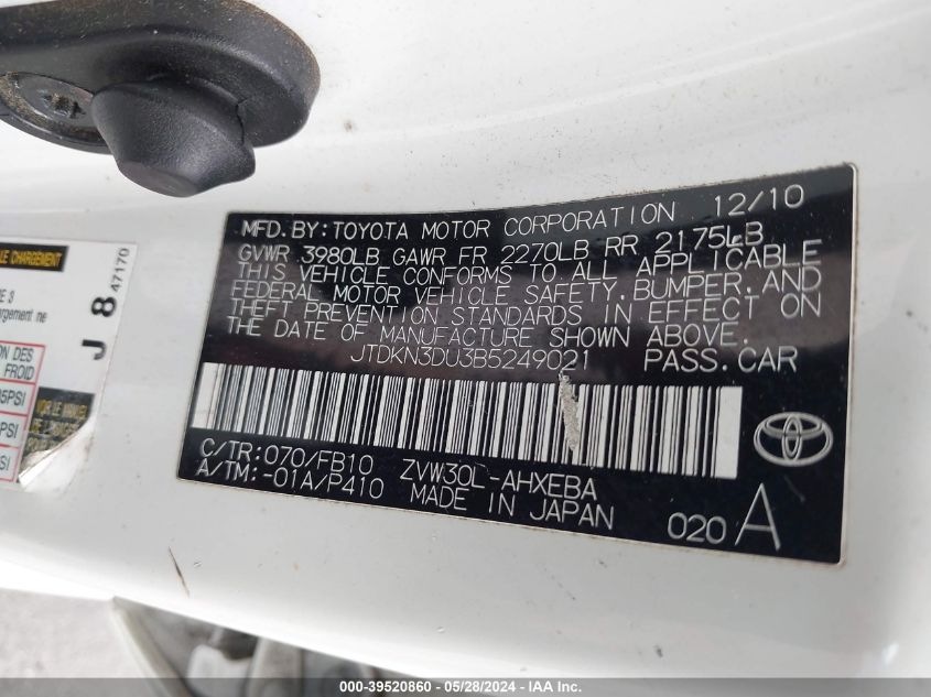 2011 Toyota Prius Two VIN: JTDKN3DU3B5249021 Lot: 39520860