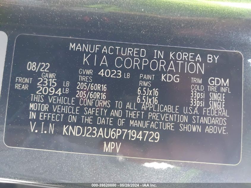 2023 Kia Soul Lx VIN: KNDJ23AU6P7194729 Lot: 39520880