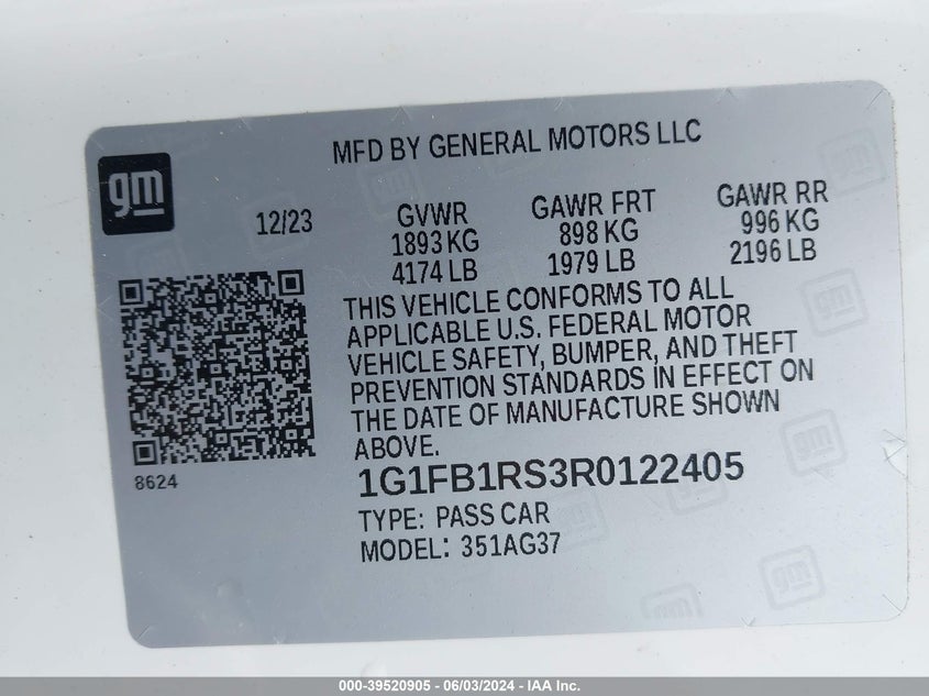2024 Chevrolet Camaro Rwd 1Lt VIN: 1G1FB1RS3R0122405 Lot: 39520905