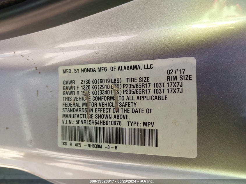 2017 Honda Odyssey Ex-L VIN: 5FNRL5H64HB010676 Lot: 39520917