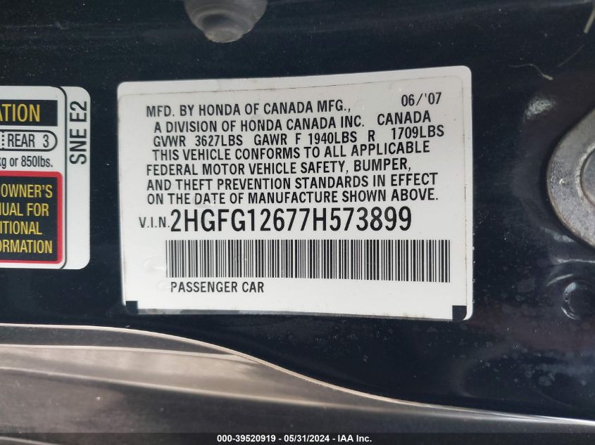 2007 Honda Civic Lx VIN: 2HGFG12677H573899 Lot: 39520919