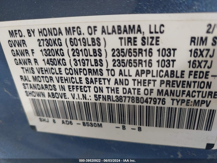 2008 Honda Odyssey Ex-L VIN: 5FNRL38778B047976 Lot: 39520922