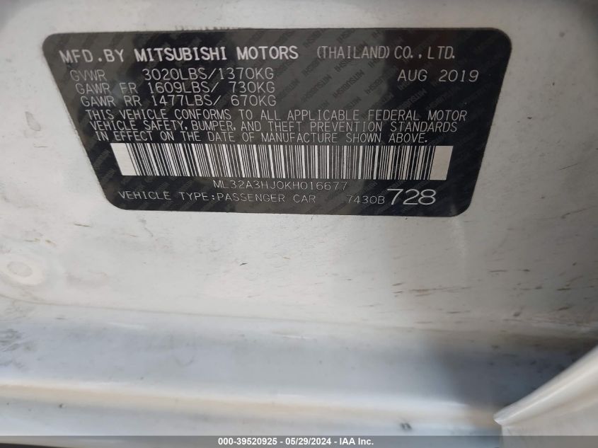 2019 Mitsubishi Mirage Rf VIN: ML32A3HJ0KH016677 Lot: 39520925