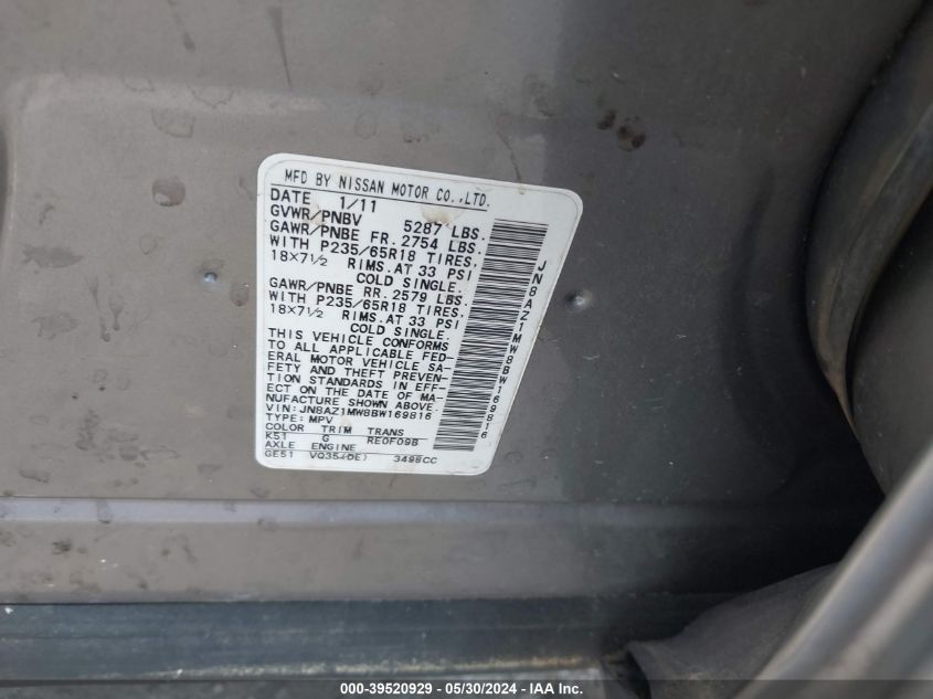 2011 Nissan Murano Sv VIN: JN8AZ1MW8BW169816 Lot: 39520929