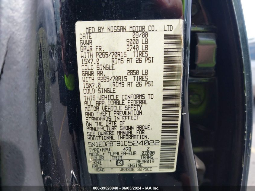 2001 Nissan Xterra Xe-V6 VIN: 5N1ED28T91C524022 Lot: 39520940