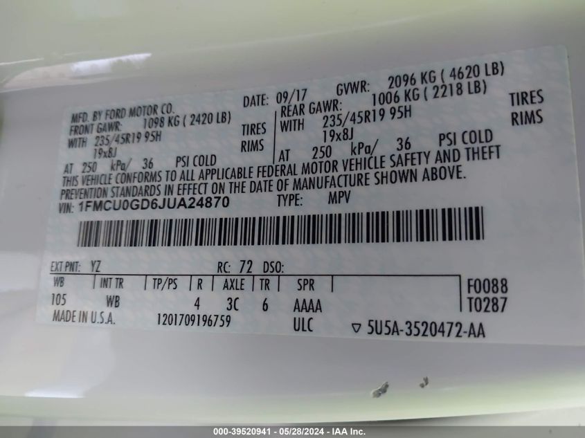 2018 Ford Escape Se VIN: 1FMCU0GD6JUA24870 Lot: 39520941