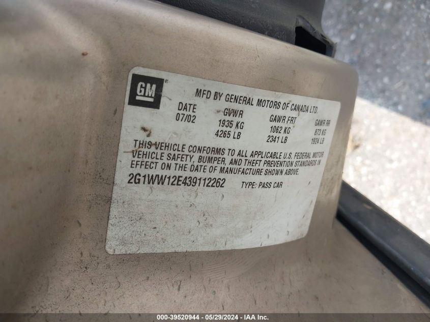 2003 Chevrolet Monte Carlo Ls VIN: 2G1WW12E439112262 Lot: 39520944