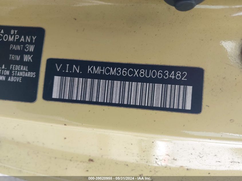 2008 Hyundai Accent Gs VIN: KMHCM36CX8U063482 Lot: 39520955