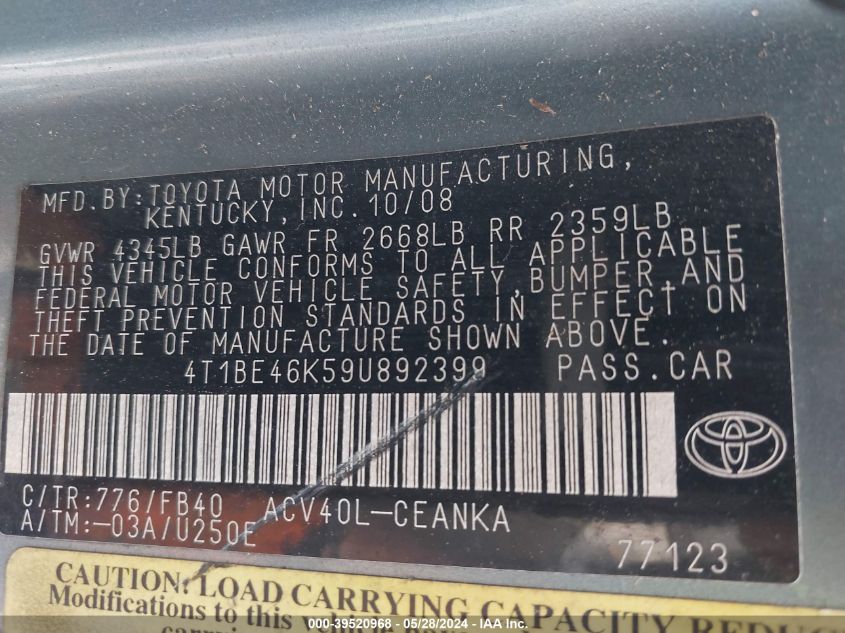 2009 Toyota Camry Le VIN: 4T1BE46K59U892399 Lot: 39520968