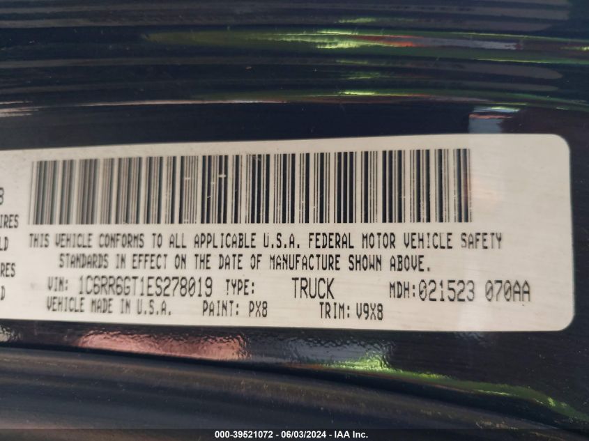 2014 Ram 1500 Slt VIN: 1C6RR6GT1ES278019 Lot: 39521072