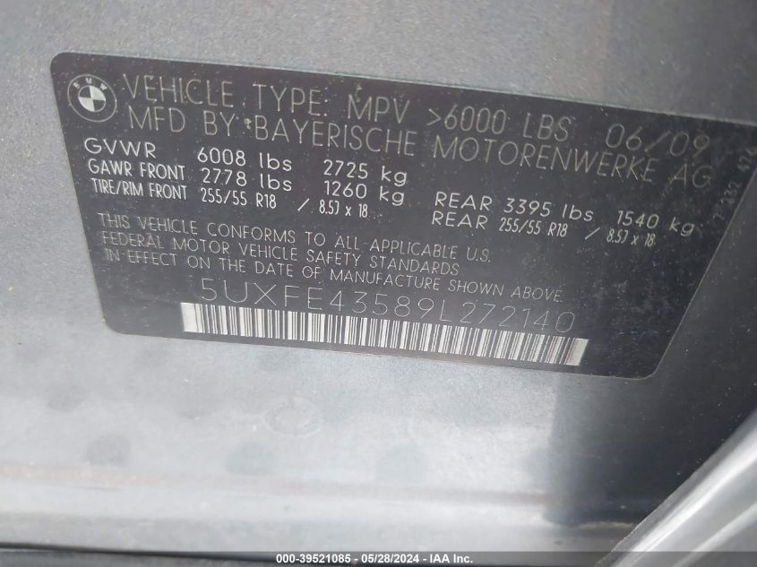 2009 BMW X5 xDrive30I VIN: 5UXFE43589L272140 Lot: 39521085
