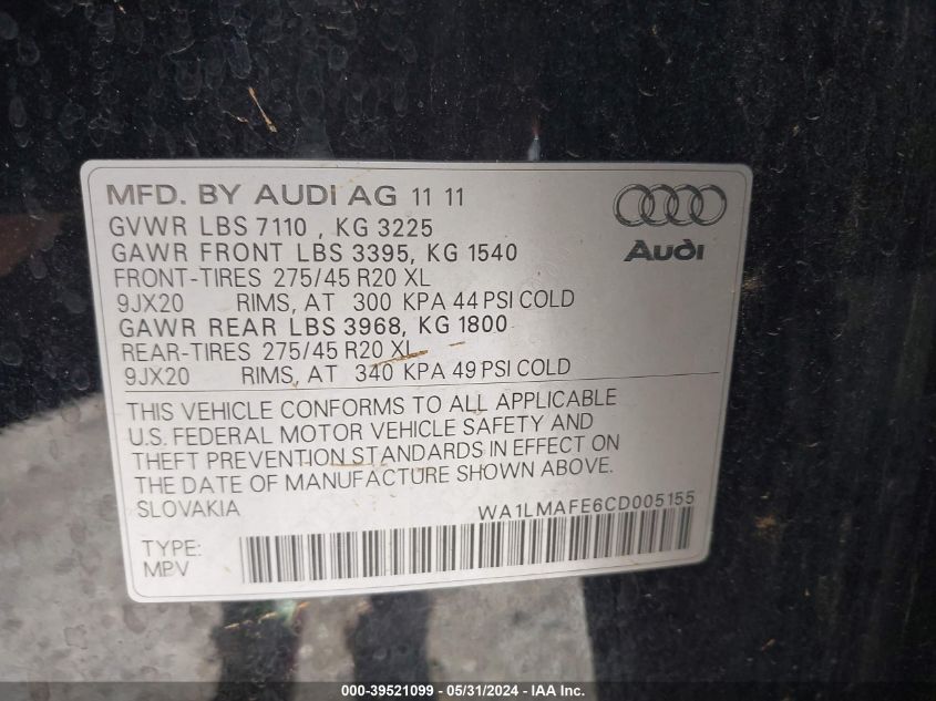 2012 Audi Q7 3.0 Tdi Premium VIN: WA1LMAFE6CD005155 Lot: 39521099