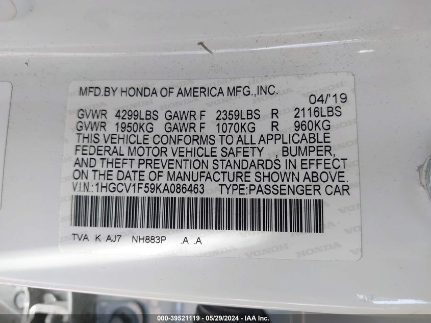 VIN 1HGCV1F59KA086463 2019 HONDA ACCORD EX-L
