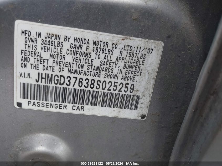 2008 Honda Fit Sport VIN: JHMGD37638S025259 Lot: 39521122