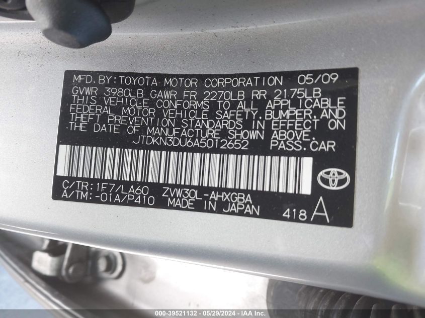 2010 Toyota Prius Iv VIN: JTDKN3DU6A5012652 Lot: 39521132