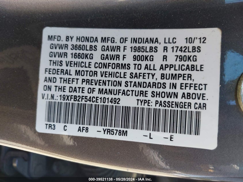 2012 Honda Civic Lx VIN: 19XFB2F54CE101492 Lot: 39521138