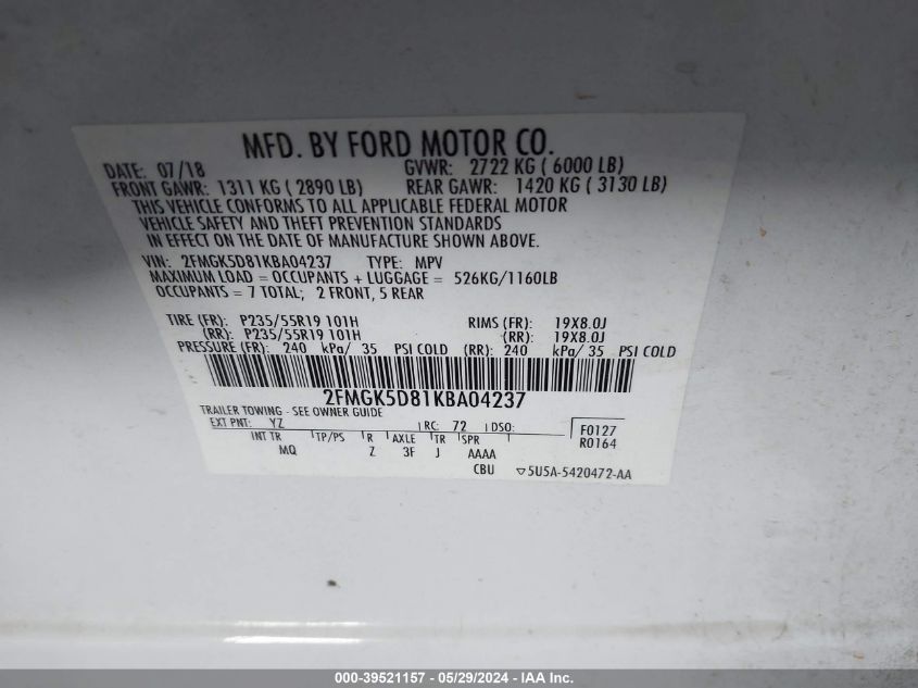 2019 Ford Flex Limited VIN: 2FMGK5D81KBA04237 Lot: 39521157