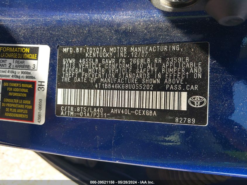 2008 Toyota Camry Hybrid Hybrid VIN: 4T1BB46K68U055202 Lot: 39521158