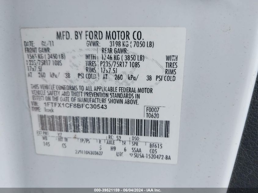 2011 Ford F-150 Xl VIN: 1FTFX1CF8BFC30543 Lot: 39521159