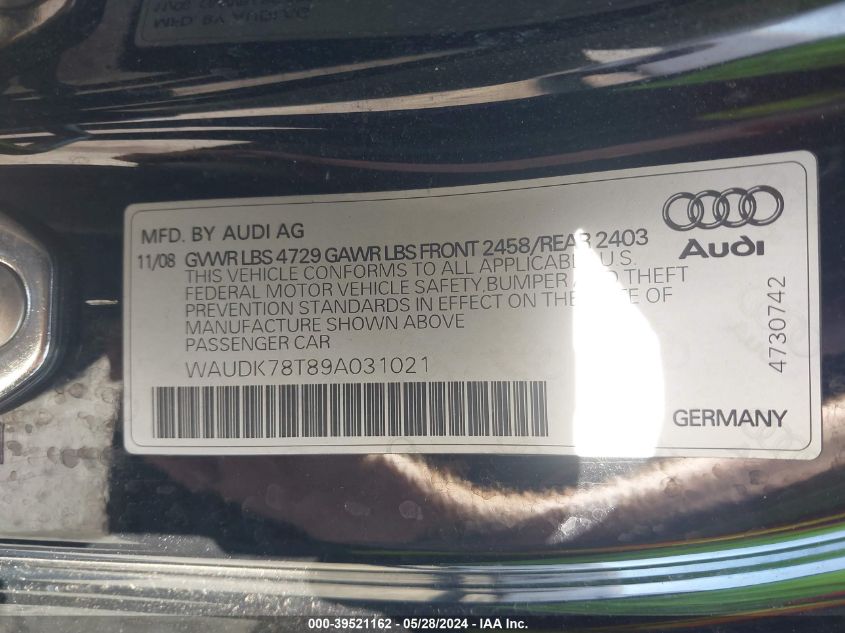 2009 Audi A5 3.2L VIN: WAUDK78T89A031021 Lot: 39521162