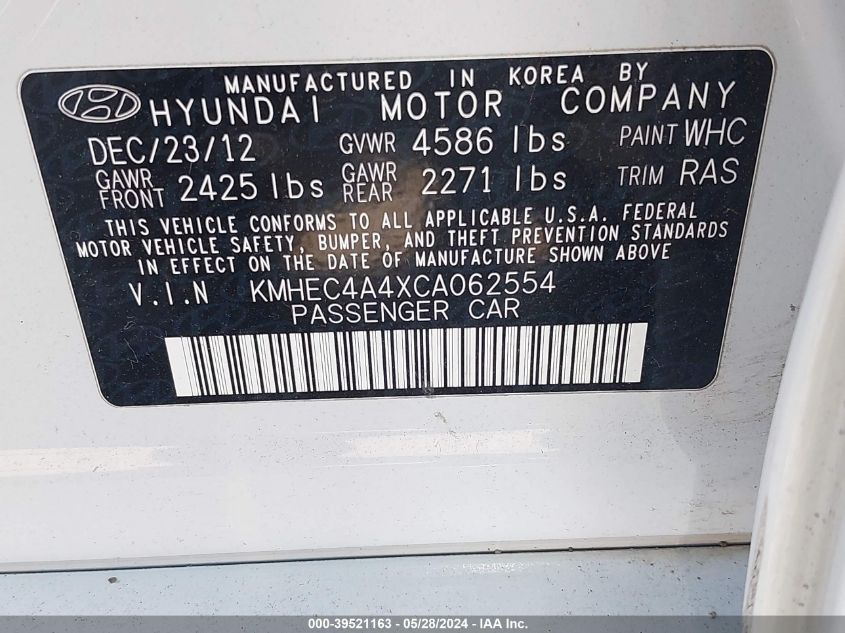 2012 Hyundai Sonata Hybrid VIN: KMHEC4A4XCA062554 Lot: 39521163