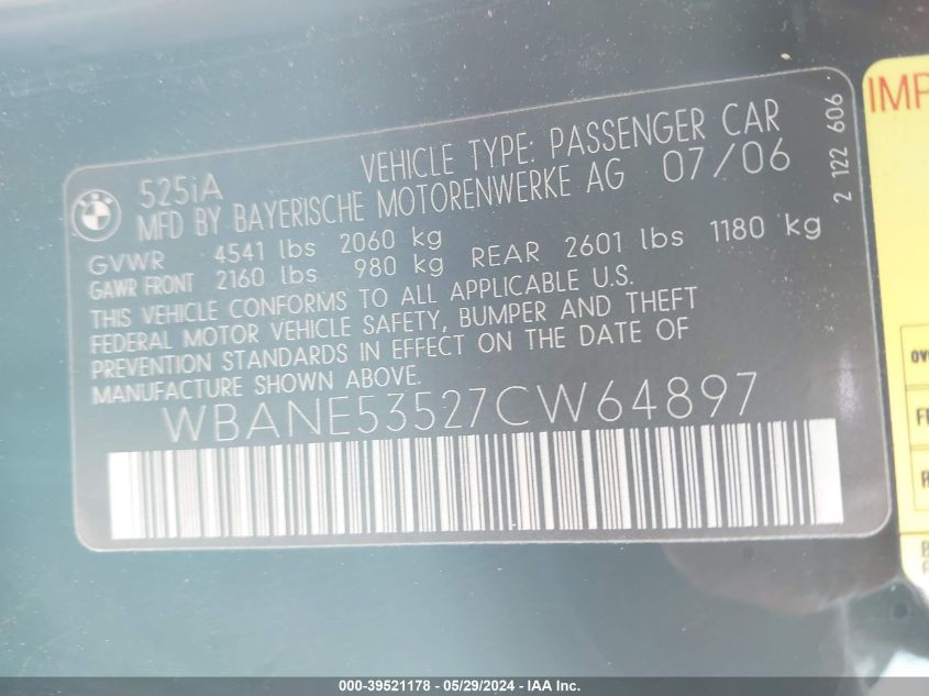 2007 BMW 525I VIN: WBANE53527CW64897 Lot: 39521178