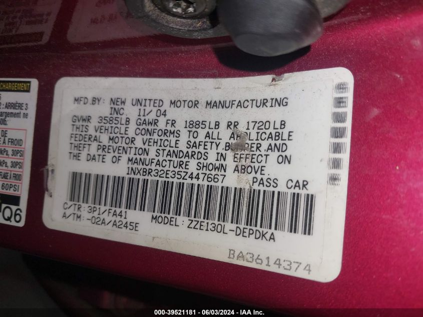 2005 Toyota Corolla Ce VIN: 1NXBR32E35Z447667 Lot: 39521181