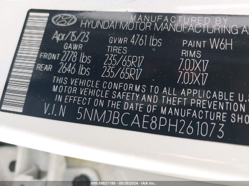 2023 Hyundai Tucson Sel VIN: 5NMJBCAE8PH261073 Lot: 39521180