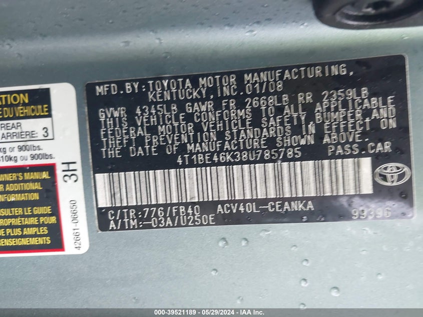 2008 Toyota Camry Le VIN: 4T1BE46K38U785785 Lot: 39521189
