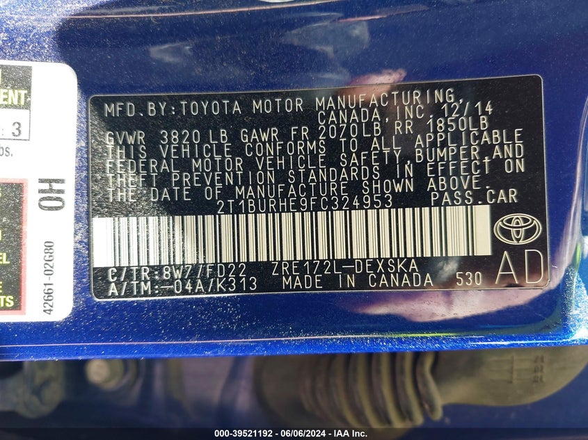 2015 Toyota Corolla S Plus VIN: 2T1BURHE9FC324953 Lot: 39521192