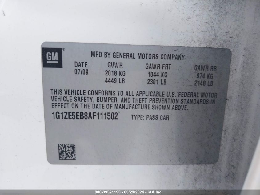 2010 Chevrolet Malibu Ltz VIN: 1G1ZE5EB8AF111502 Lot: 39521195