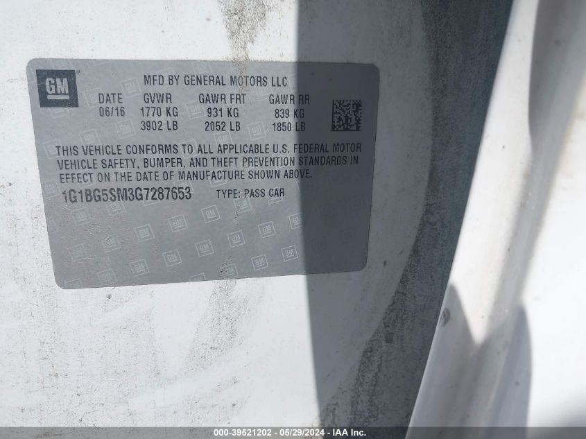 2016 Chevrolet Cruze Premier Auto VIN: 1G1BG5SM3G7287653 Lot: 39521202