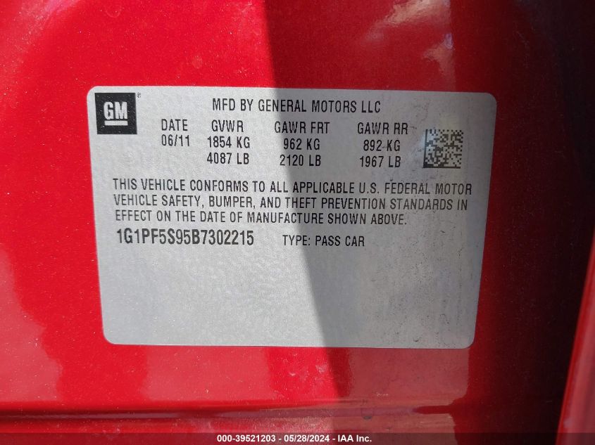 2011 Chevrolet Cruze 1Lt VIN: 1G1PF5S95B7302215 Lot: 39521203