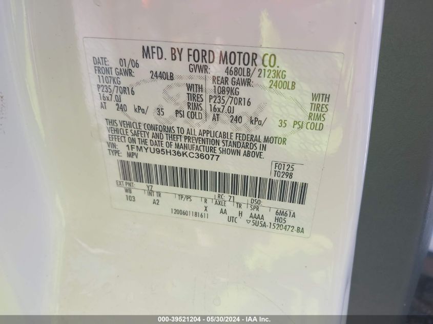 2006 Ford Escape Hybrid VIN: 1FMYU95H36KC36077 Lot: 39521204