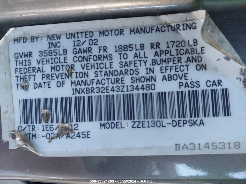 2003 Toyota Corolla S VIN: 1NXBR32E43Z134480 Lot: 39521209