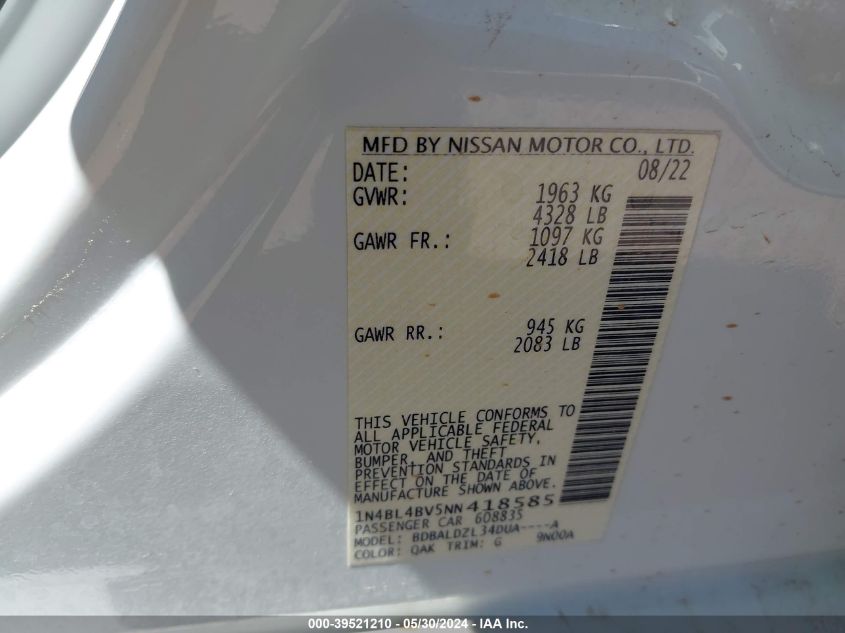 2022 Nissan Altima S Fwd VIN: 1N4BL4BV5NN418585 Lot: 39521210