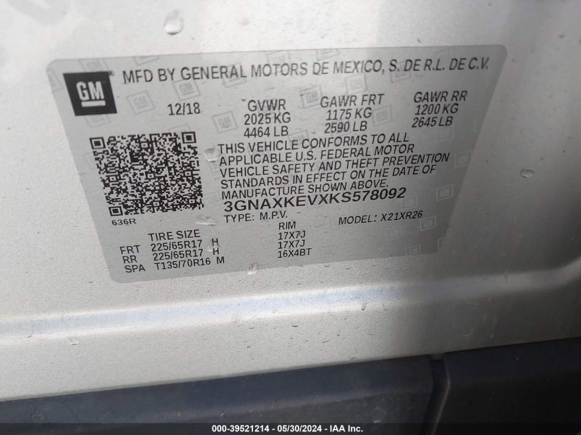 2019 Chevrolet Equinox Lt VIN: 3GNAXKEVXKS578092 Lot: 39521214