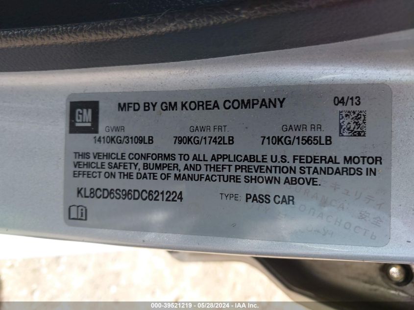 2013 Chevrolet Spark 1Lt Auto VIN: KL8CD6S96DC621224 Lot: 39521219